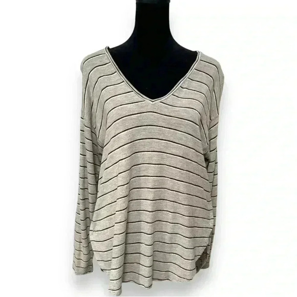 Madewell Long Sleeve Stripe Pattern V-neck Beige Relaxed Fit High-Low Anthem Tee - Picture 3 of 16